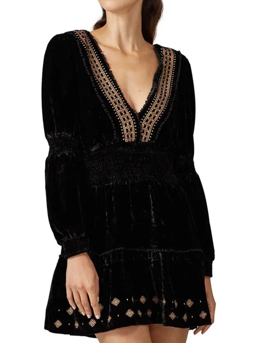 RAHI Black Velvet Gold Embroidered Long Sleeve Smocked Mini Dress XS